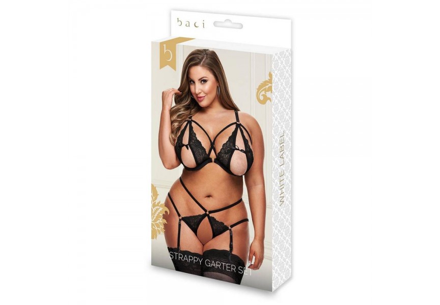 Baci Strappy Garter Set 2 pc Queen Size Black