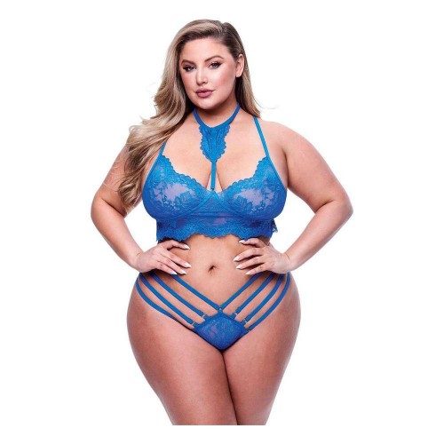 Baci Strappy Lace Bra & Panty 2 pc Set Queen Size Blue