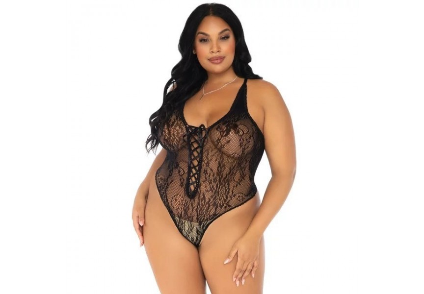 Leg Avenue Floral Lace Thong Teddy Plus Size Black