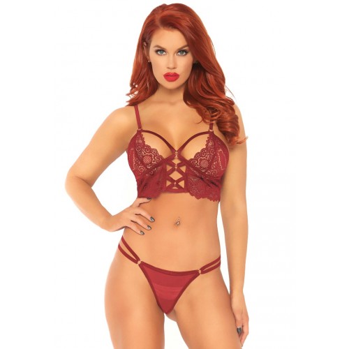 Leg Avenue Lace Bralette With Sheer Thong 2pc Set Burgundy