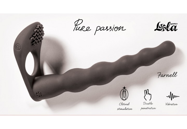 Μαύρο Ομοίωμα Με Δόνηση & Δακτύλιο Πέους Για Διπλή Διείσδυση - Lola Games Vibrating Strap On Double Penetration Farnell Black 17cm