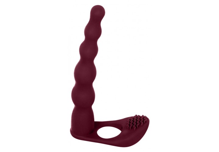 Μπορντό Ομοίωμα Με Δόνηση & Δακτύλιο Πέους Για Διπλή Διείσδυση - Lola Games Vibrating Strap On Double Penetration Farnell Wine Red 17cm