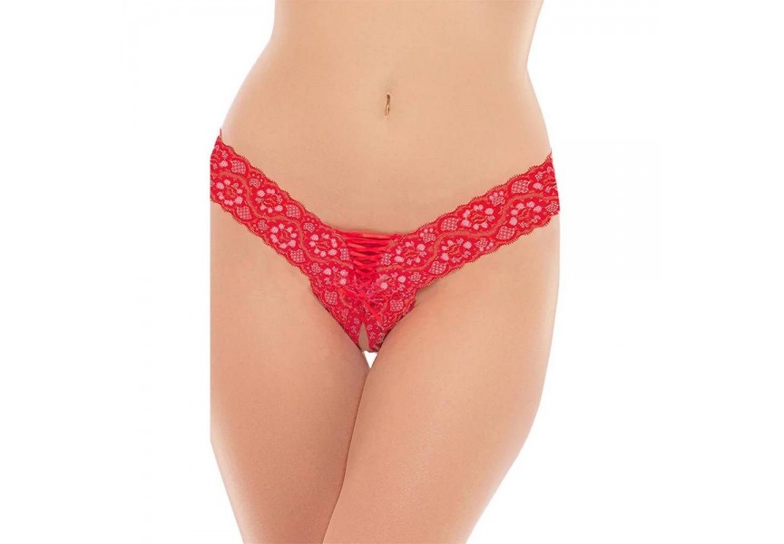 Rene Rofe Indulgence Lace Up Crotchless Thong Red