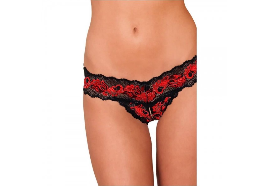 Rene Rofe Crotchless Lace V Thong Red