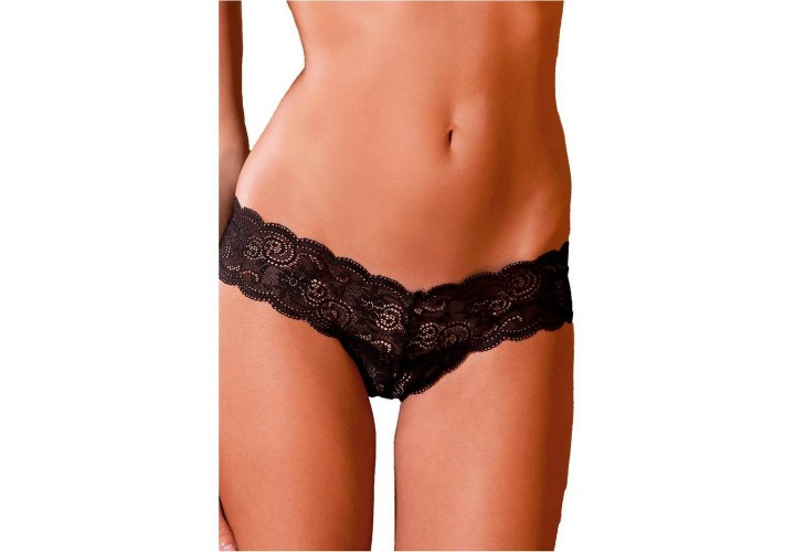 Rene Rofe Crotchless Lace Thong With Lace Up Back Black