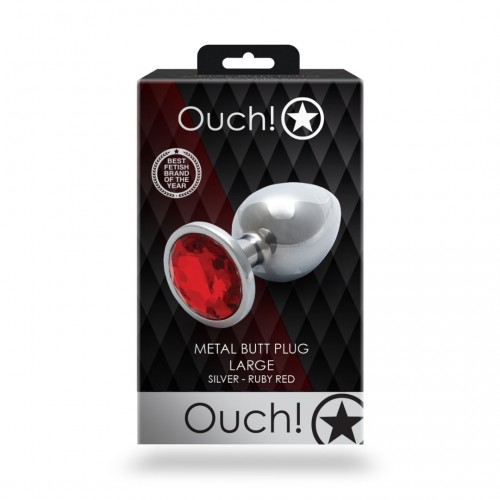 Shots Round Gem Butt Plug Silver/Red Large