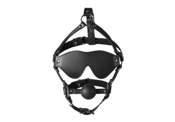 Δερμάτινα Λουριά Κεφαλής Με Μάσκα & Φίμωτρο - Shots Ouch Blindfolded Head Harness With Solid Ball Gag Black