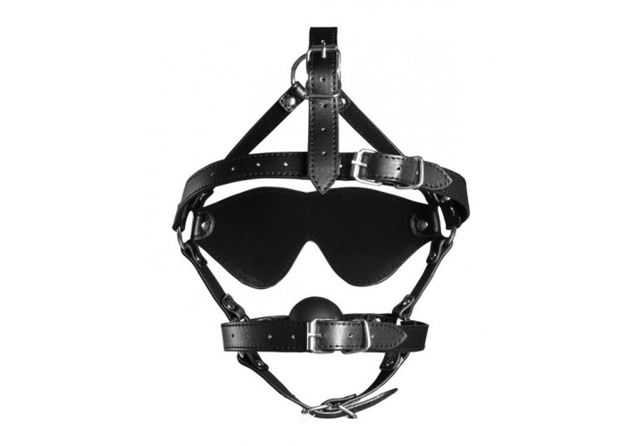 Shots Ouch Blindfolded Head Harness With Solid Ball Gag Black
