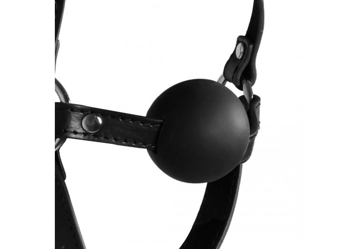 Shots Ouch Blindfolded Head Harness With Solid Ball Gag Black