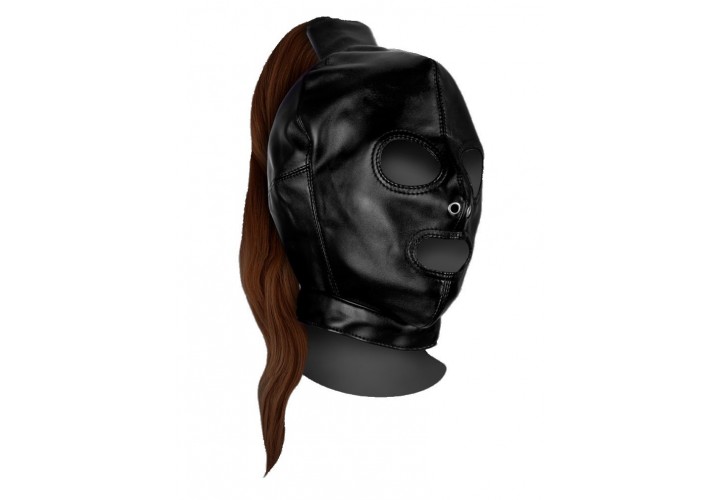 Φετιχιστική Μαύρη Δερμάτινη Κουκούλα Με Καφέ Αλογοουρά - Shots Ouch Black Mask With Brown Ponytail