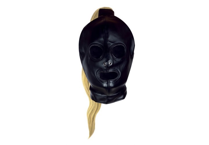 Φετιχιστική Μαύρη Δερμάτινη Κουκούλα Με Ξανθιά Αλογοουρά - Shots Ouch Black Mask With Blonde Ponytail