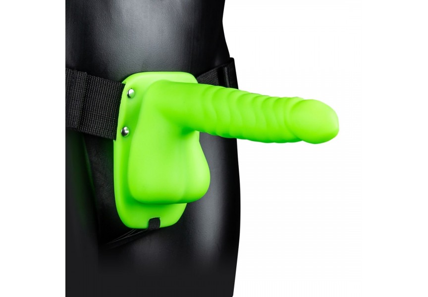 Shots Ouch Glow In The Dark Ribbed Hollow Strap On With Balls Green 21.9cm