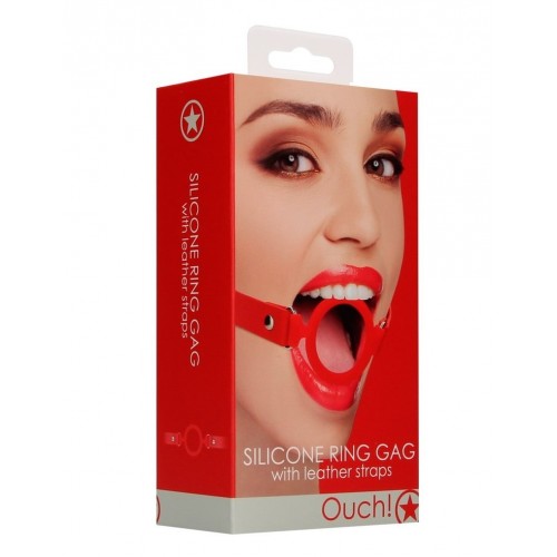 Shots Ouch Silicone Ring Gag With Leather Straps Red