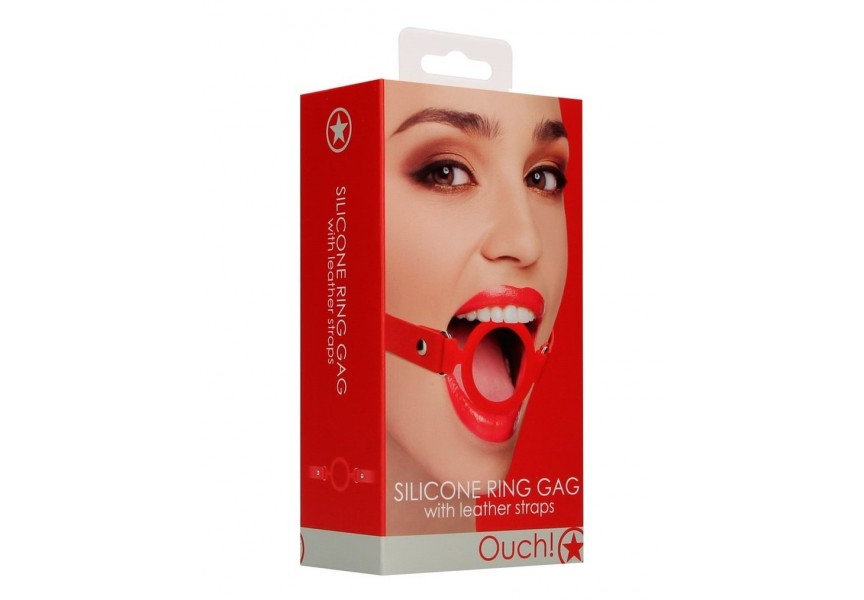 Shots Ouch Silicone Ring Gag With Leather Straps Red