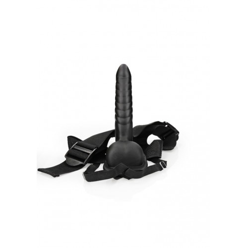 Shots Ouch Ribbed Hollow Strap On With Balls Black 21cm