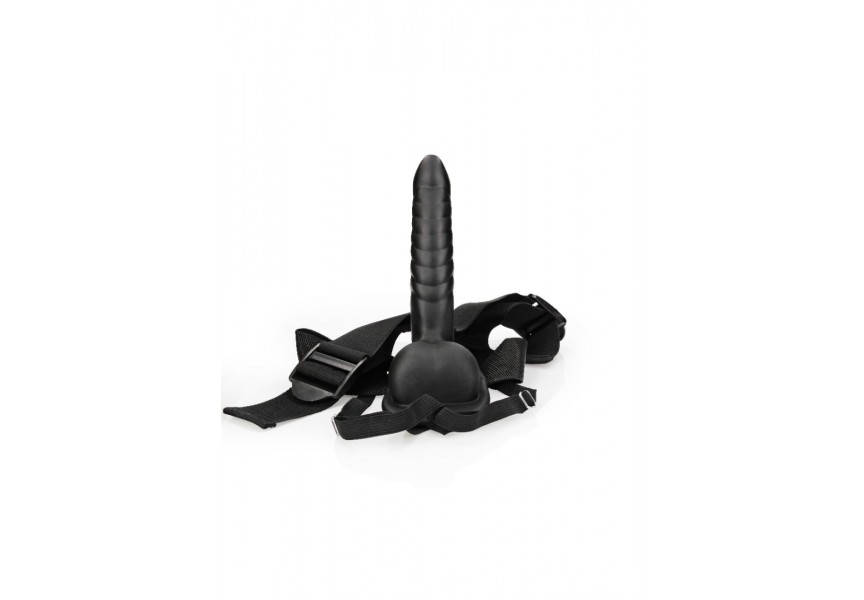 Shots Ouch Ribbed Hollow Strap On With Balls Black 21cm