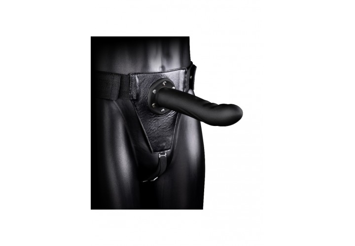 Μαύρο Κούφιο Ομοίωμα Με Ζώνη & Ραβδώσεις - Shots Ouch Textured Curved Hollow Strap On Black 20cm
