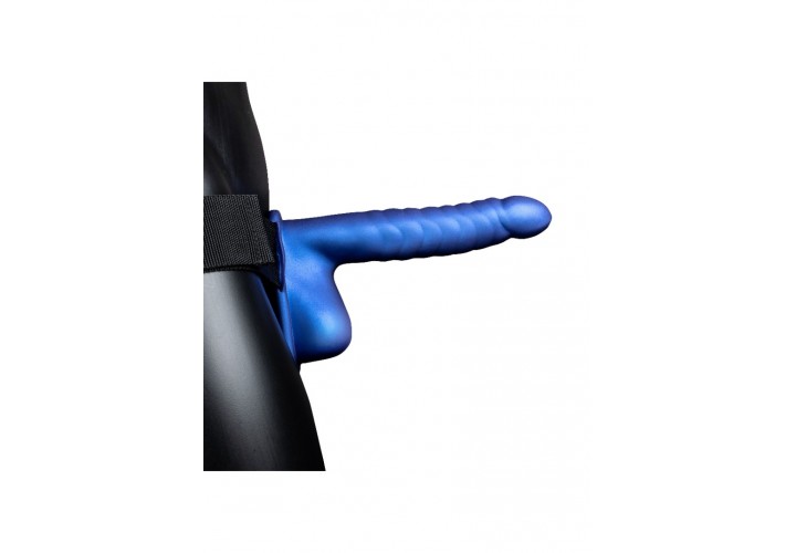 Μπλε Κούφιο Ομοίωμα Με Όρχεις Ραβδώσεις & Ζώνη - Shots Ouch Ribbed Hollow Strap On With Balls Metallic Blue 21cm