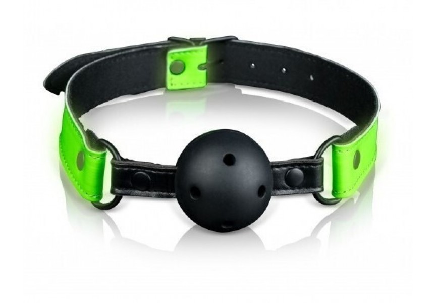 Shots Ouch! Bonded Leather Breathable Ball Gag Glow In The Dark Green