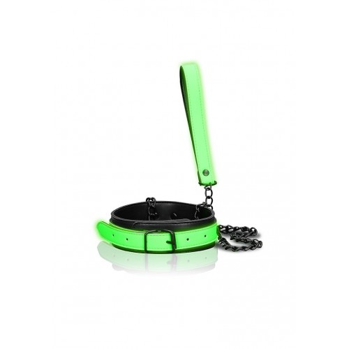 Shots Ouch! Bonded Leather Collar And Leash Glow In The Dark Green
