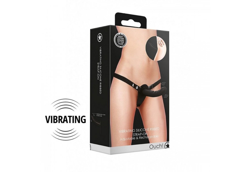 Shots Ouch Vibrating 10 Speed Silicone Ribbed Adjustable Strap On Black 15.5cm