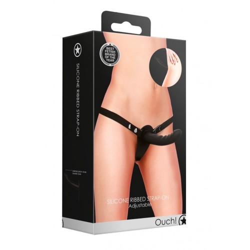 Shots Ouch Silicone Ribbed Adjustable Strap On Black 15.5cm