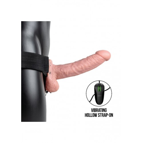 Shots Real Rock Vibrating Hollow Strap On With Balls Flesh 18cm