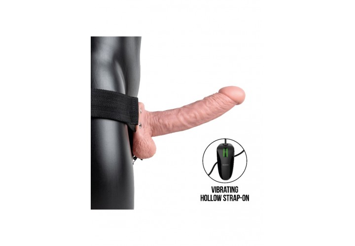 Shots Real Rock Vibrating Hollow Strap On With Balls Flesh 18cm