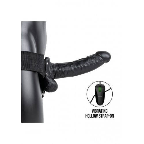 Shots Real Rock Vibrating Hollow Strap On With Balls Black 18cm