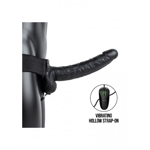 Μαύρο Κούφιο Δονούμενο Ομοίωμα Με Όρχεις & Ζώνη - Shots Real Rock Vibrating Hollow Strap On With Balls Black 23cm