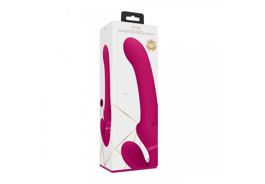 Δονούμενο Διπλό Strap On Χωρίς Ιμάντες Με Διεγερτικά Κύματα Αέρα - Shots Vive Ai Dual Vibrating & Air Wave Tickler Strapless Strapon Pink 23.5cm