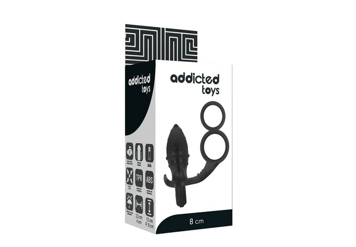 Δονούμενη Σφήνα Με Δαχτυλίδι Πέους & Όρχεων - Addicted Toys Anal Plug With Double Black Ring 12cm