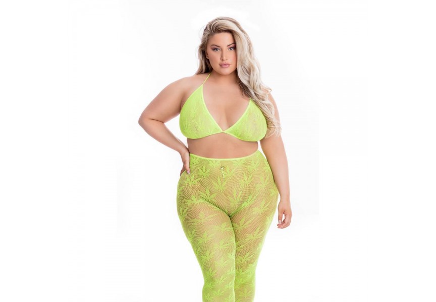 Σετ Πράσινο Διχτυωτό Σουτιέν & Κολάν - Pink Lipstick All About Leaf Bra Set Green Plus Size