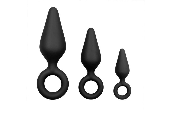 Μαύρες Πρωκτικές Σφήνες Σιλικόνης - Buttplugs With Pull Ring Set Black