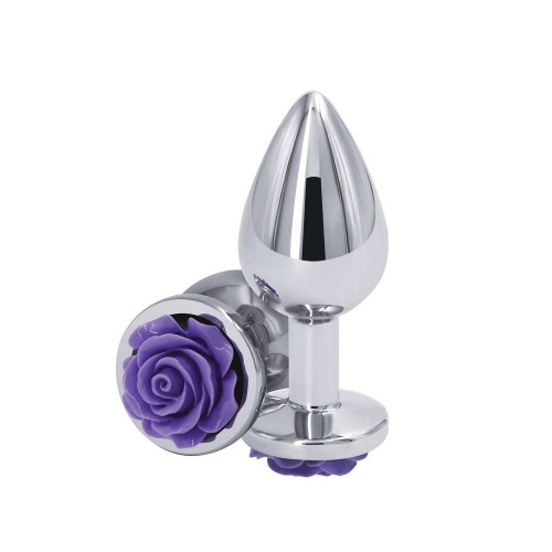Ασημί Μεταλλική Σφήνα Μωβ Τριαντάφυλλο - Rose Buttplug Purple Medium