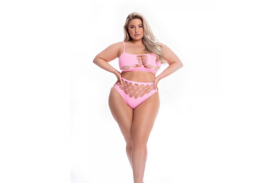 Σετ Ροζ Διχτυωτά Εσώρουχα - Pink Lipstick Neon Dreams 2pc Bra Set Pink Plus Size