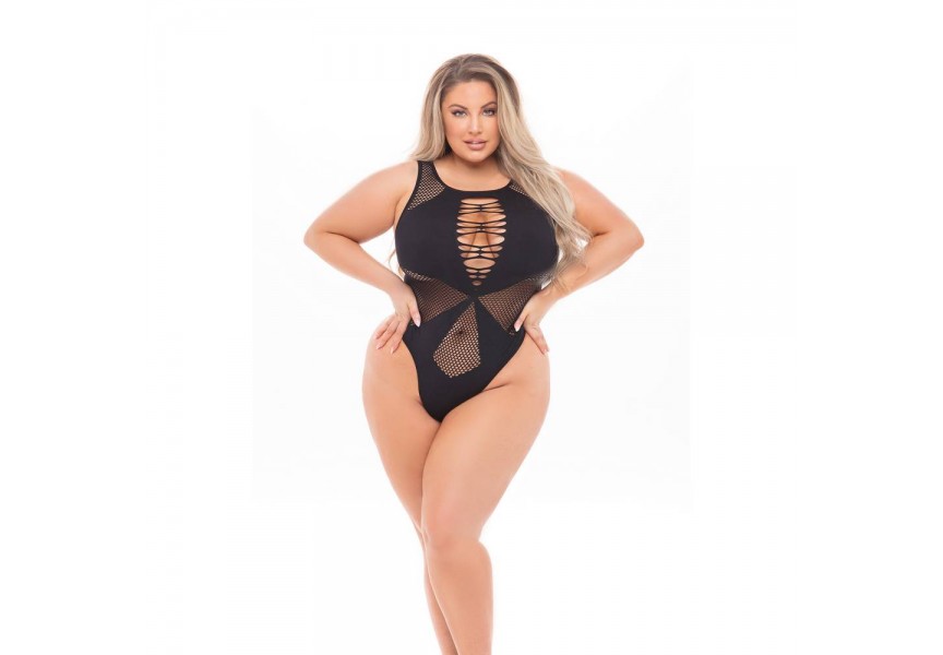 Μαύρο Διχτυωτό Κορμάκι - Pink Lipstick Duchess Highneck Bodysuit Black Plus Size