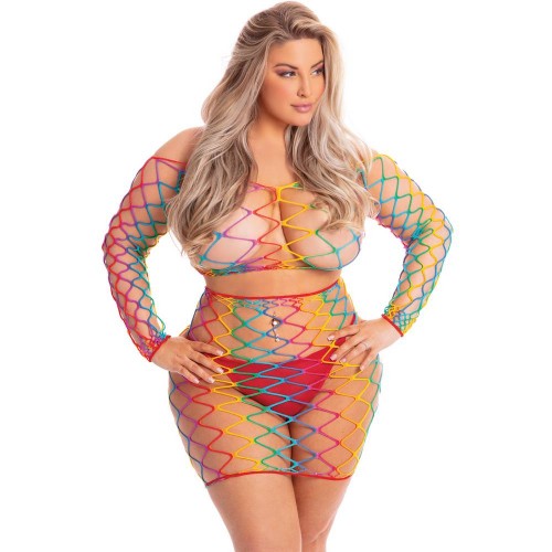 Σετ Πολύχρωμο Διχτυωτό Crop Top & Φούστα - Pink Lipstick Pot Of Gold 2pc Skirt Set Plus Size