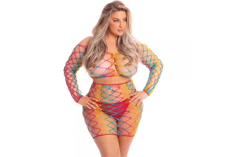 Σετ Πολύχρωμο Διχτυωτό Crop Top & Φούστα - Pink Lipstick Pot Of Gold 2pc Skirt Set Plus Size