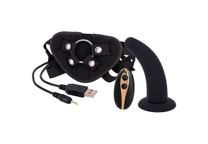 Ζώνη Με Μαύρο Ομοίωμα Ασύρματης Λειτουργίας - Remote Controlled Vibrating Strap On Harness 12.5cm