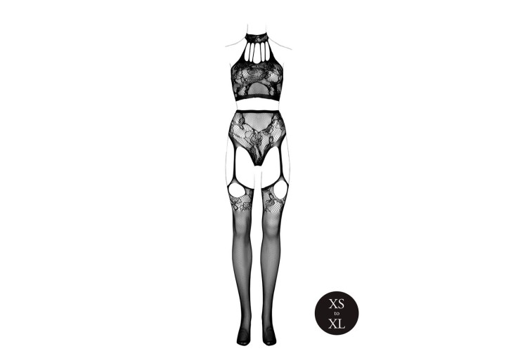 Μαύρο Διχτυωτό Σετ Με Καλσόν Ζαρτιέρες - Le Désir Two Piece Halter Turtleneck & Pantie With Attached Stockings